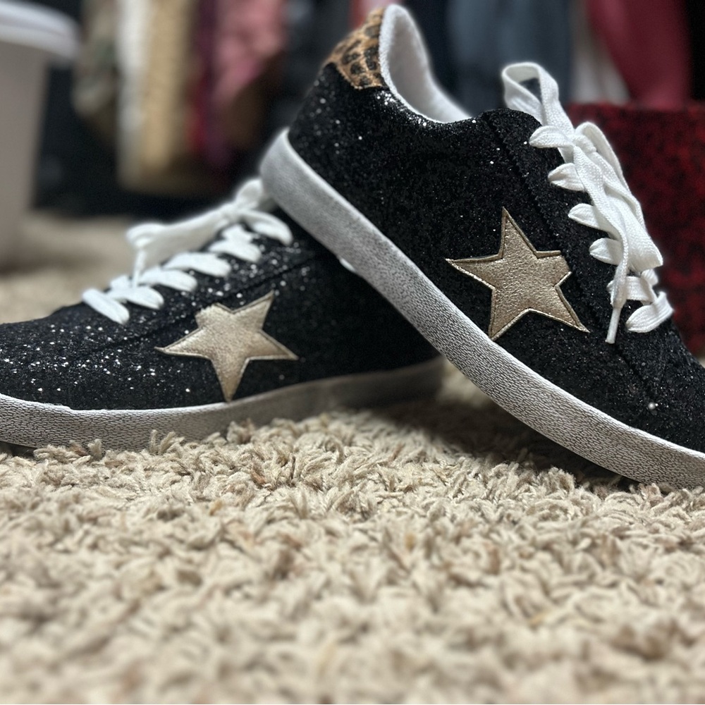 Very G Black Glitter Sneakers with Gold Star Accent